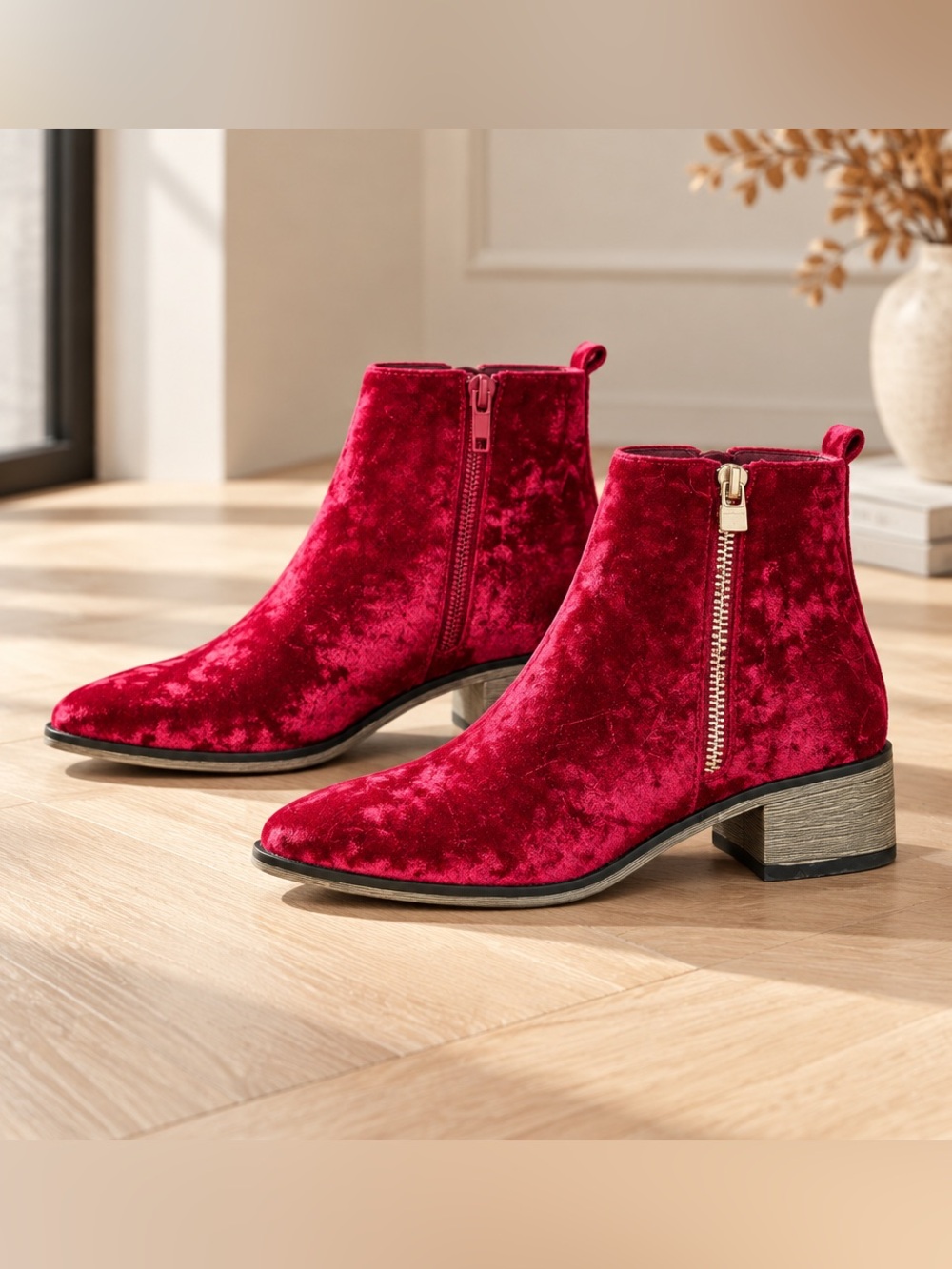 Bamboo brand. Women’s Sz 7.5 "Saber-02S" red crushed velvet ankle booties Zip